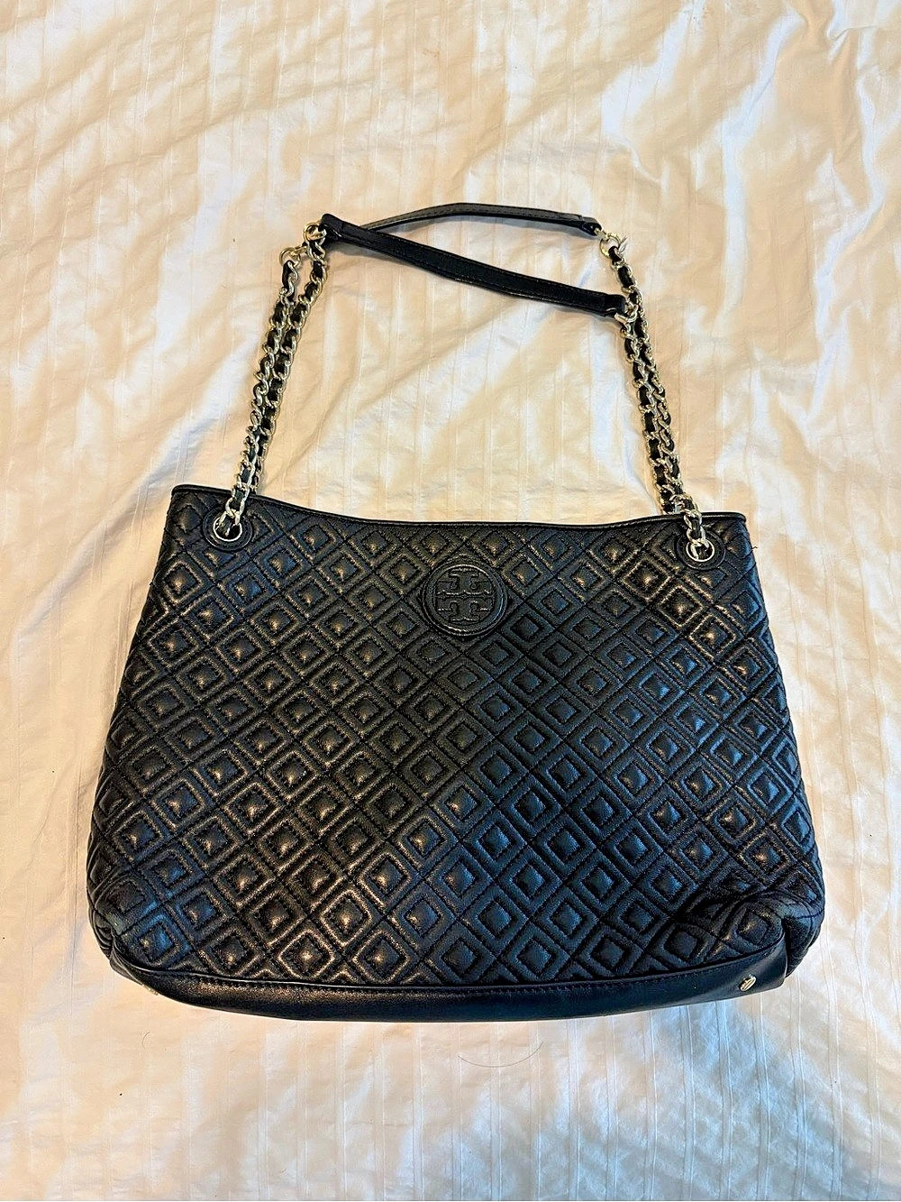 Tory Burch Fleming Soft Chain Tote Black Geometric Shoulder Bag